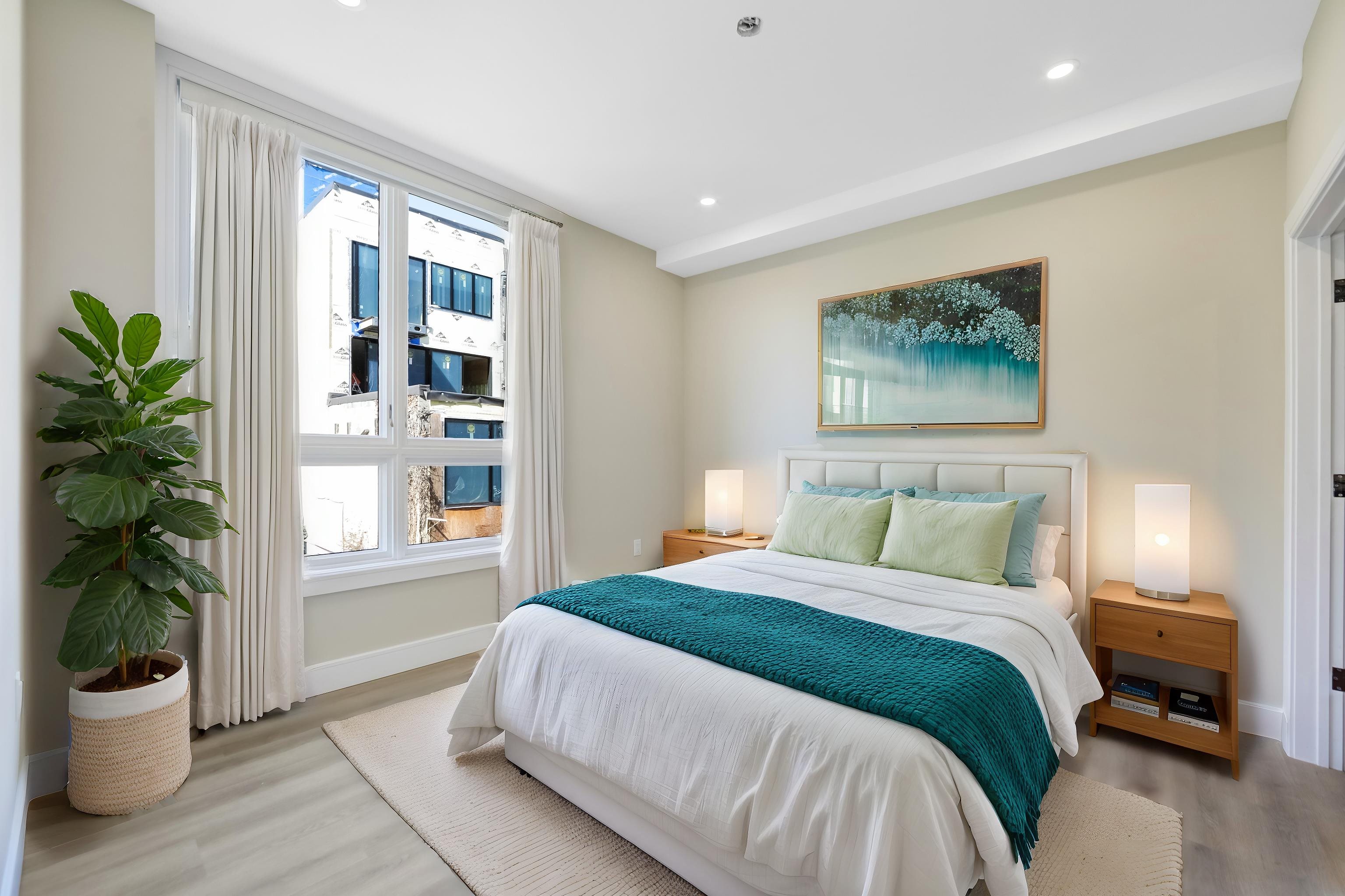 706 Madison Street, Unit 302 Hoboken, NJ 07030 - Photo 4 of 13 a bedroom with a large bed and a potted plant