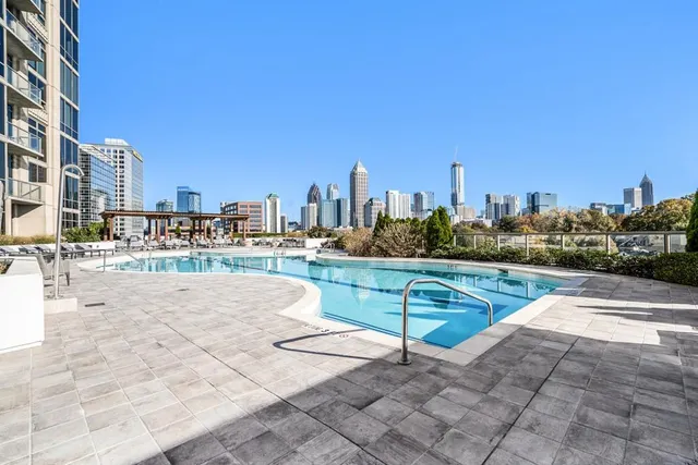 a view of a lake with a terrace