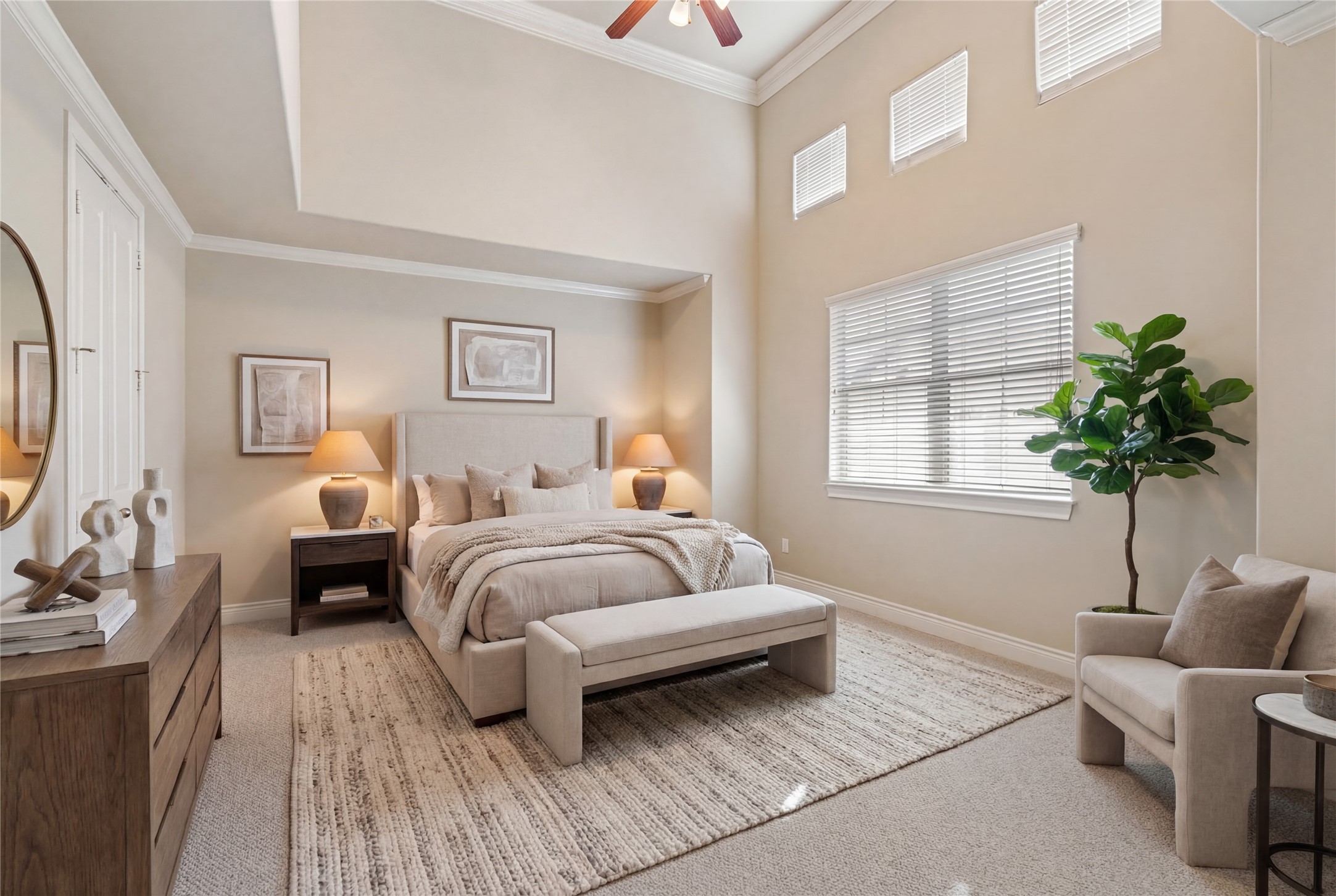 2830 Sherwin Street Houston, TX 77007 - Photo 16 of 26 Third floor primary bedroom with HIGH CEILINGS, great windows, and TWO walk-in closets. NEW carpet (2026). *This photo is virtually staged*