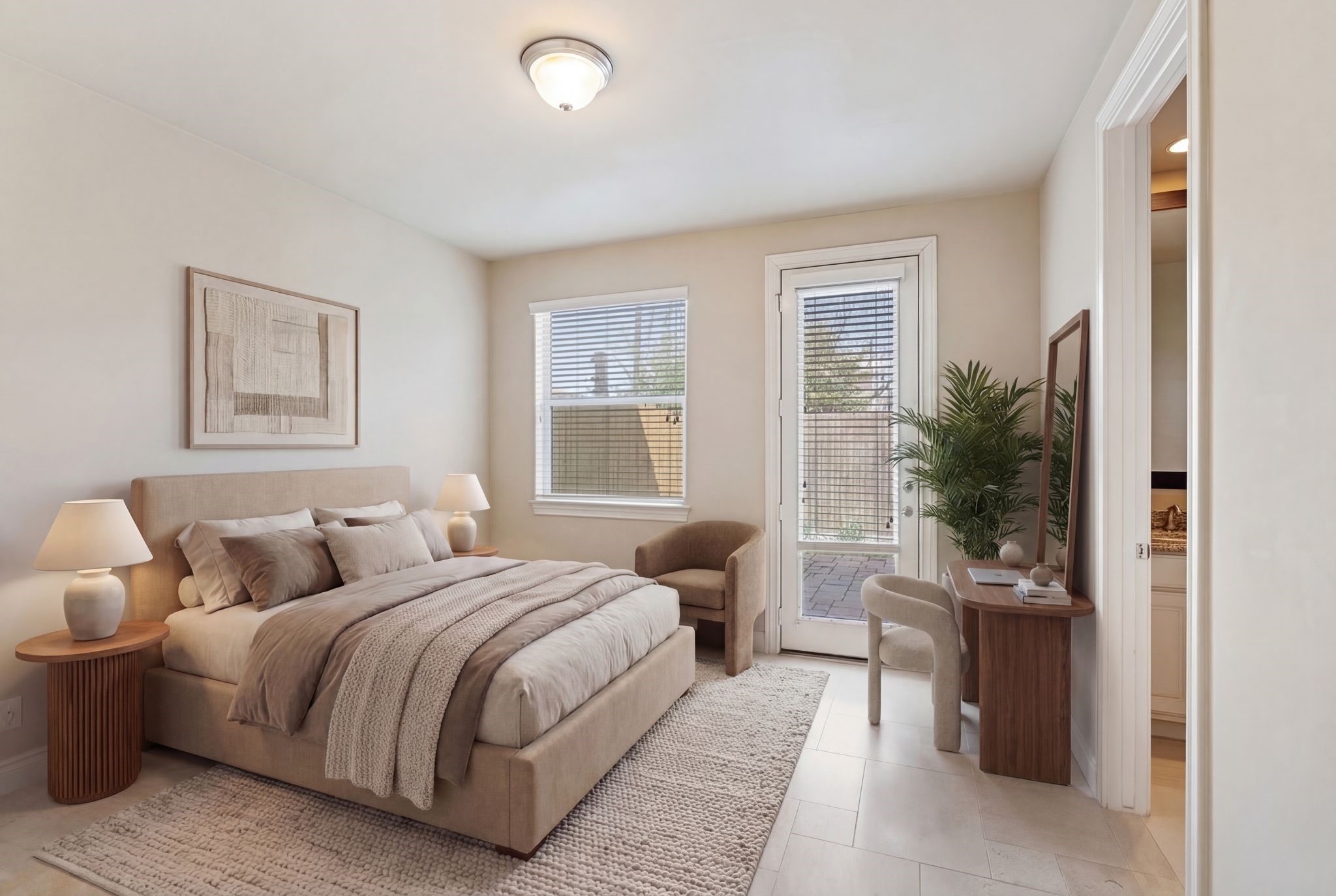 2830 Sherwin Street Houston, TX 77007 - Photo 5 of 26 First floor bedroom with travertine floors, private full bath and large walk-in closet, and access to LARGE backyard! *This photo is virtually staged*