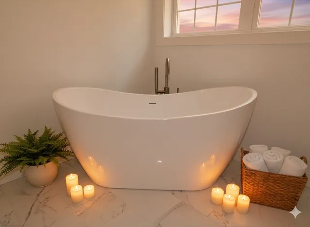a white bath tub sitting in a bathroom