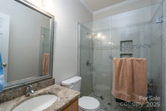 a bathroom with a granite countertop sink toilet and shower