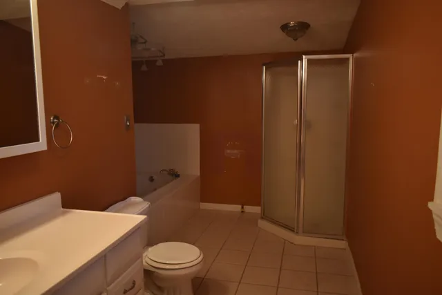 a bathroom with a granite countertop sink toilet and shower