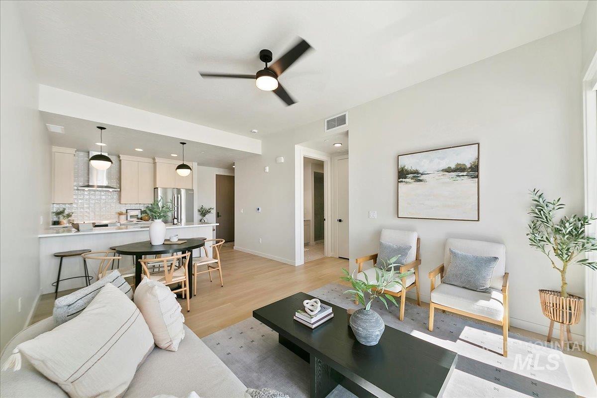 4430 East Haystack Street, Unit 109 Boise, ID 83716 - Photo 7 of 43 Living area featuring light wood-style floors, recessed lighting, and ceiling fan