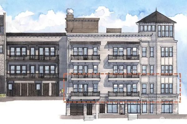 a view of a large building with a door