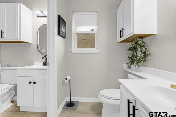 a bathroom with a sink a toilet and mirror