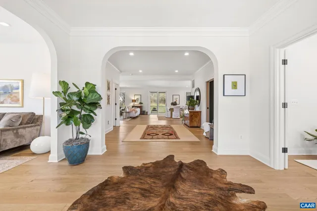 a living room with furniture a fireplace and a potted plant