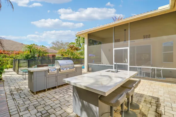 an outdoor space with seating