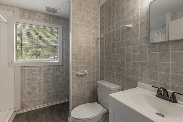 a bathroom with a sink a toilet and shower