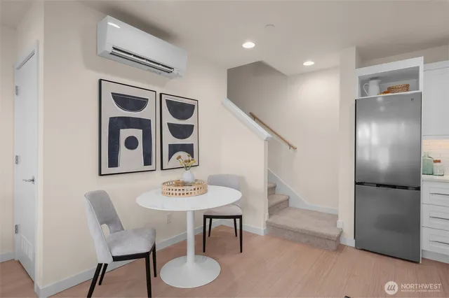 a view of a dining room with furniture