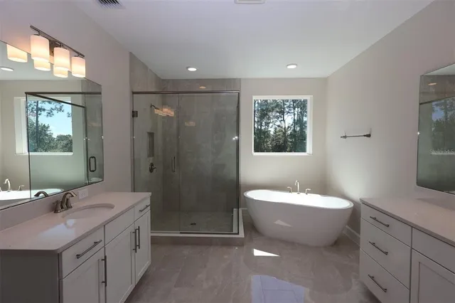a bathroom with a double vanity sink toilet mirror and bathtub