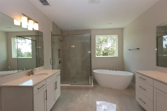 a bathroom with a double vanity sink a toilet a mirror and shower