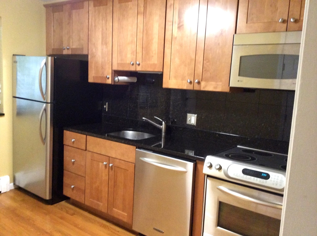 5 Centre Street, Unit 42 Cambridge, MA 02138 - Photo 2 of 10 a kitchen with granite countertop a refrigerator and a stove