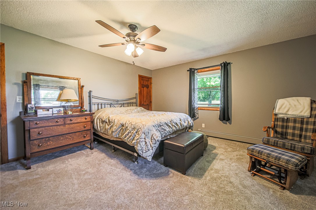 1791 Beal Road Mansfield, OH 44903 - Photo 26 of 50 Bedroom with a textured ceiling, light carpet, a baseboard radiator, and a ceiling fan