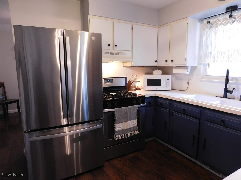 8754 Root Road North Ridgeville, OH 44039 - Photo 17 of 39 Kitchen featuring white cabinets, a sink, dark wood-style floors, under cabinet range hood, and stainless steel appliances
