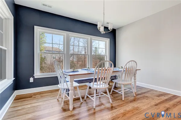 a view of a dining room with furniture window and wooden floor