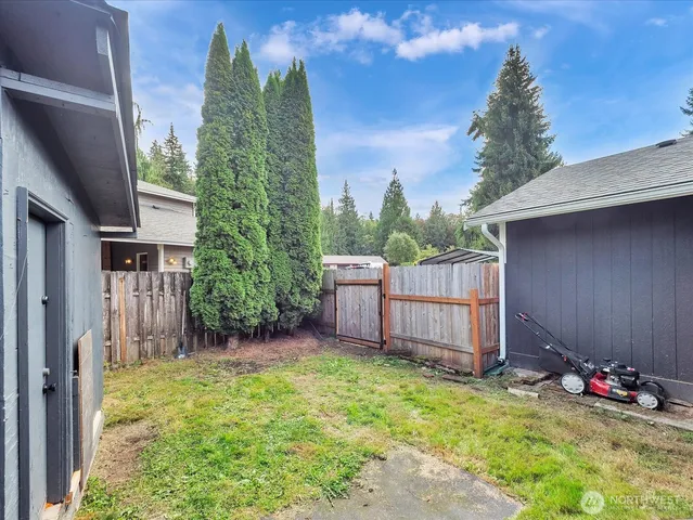 a view of a park with large trees