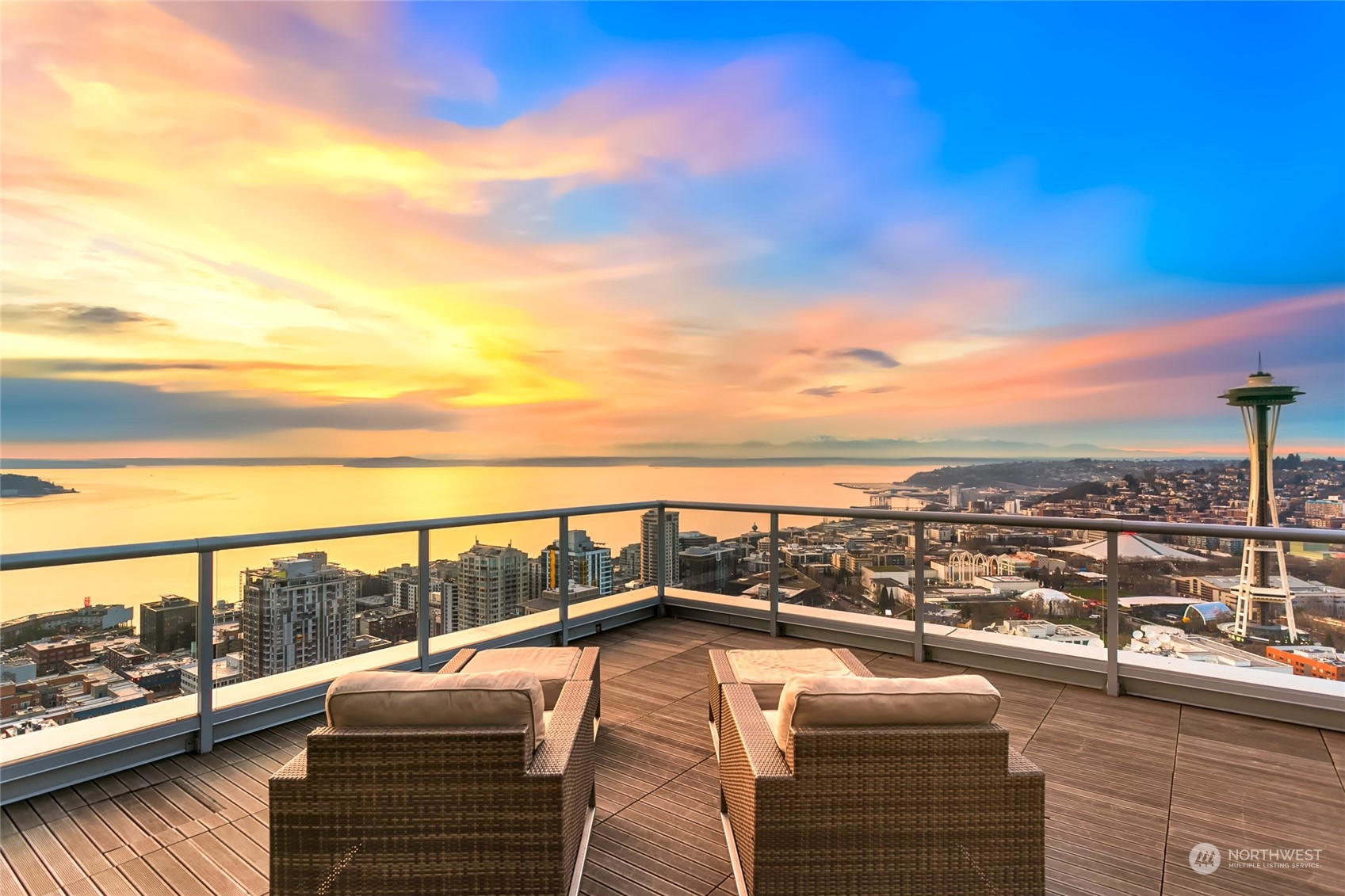 a view of roof deck with seating space