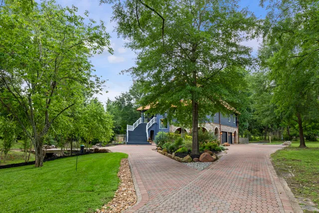 a view of a garden with a fountain