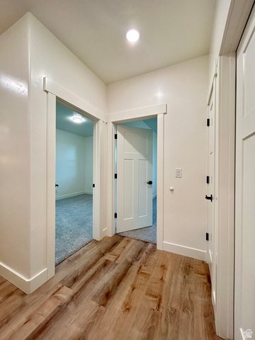 6 South 450th West Gunnison, UT 84634 - Photo 36 of 45 Corridor featuring wood-finish flooring, recessed lighting, white trim, and multiple doorways with modern panel doors