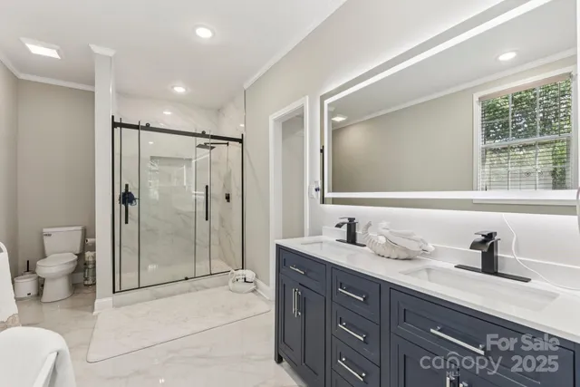 a bathroom with a double vanity sink toilet and shower