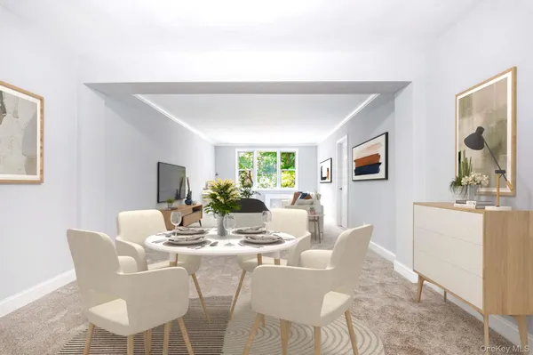 a dining room with furniture and window