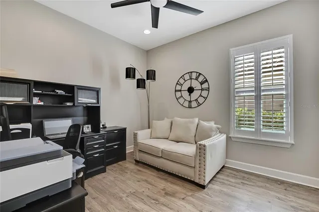 a view of a backyard with potted plants and a large tree