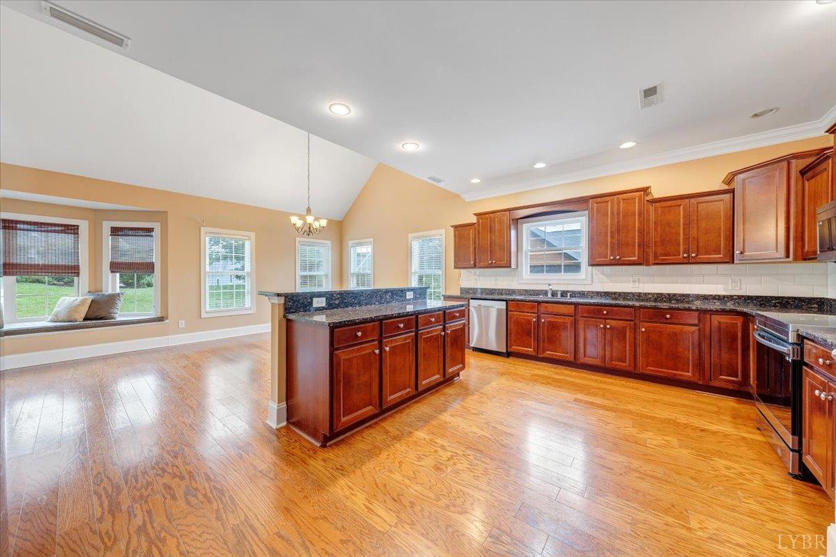 1250 Our Cove Road Huddleston, VA 24104 - Photo 17 of 70 a large kitchen with stainless steel appliances granite countertop a large counter top a stove and a sink