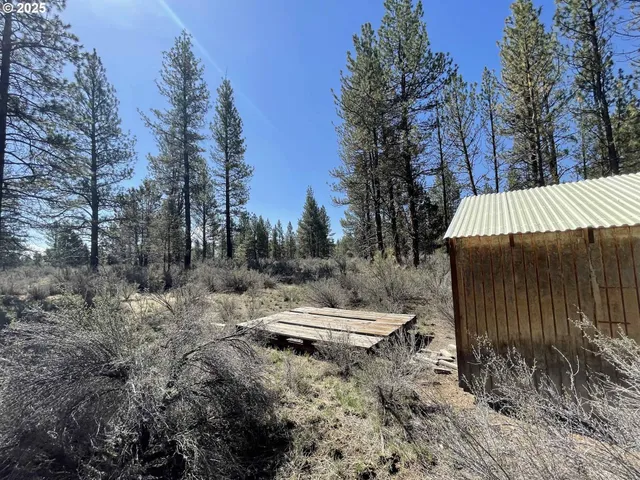a view of a backyard with wooden fence and trees