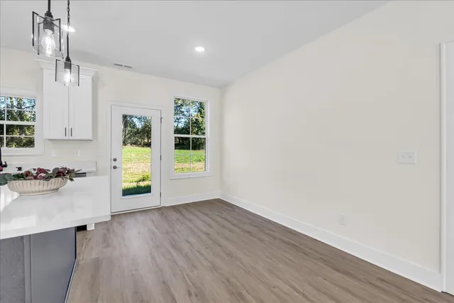 a view of a kitchen with a sink and dishwasher with wooden floor