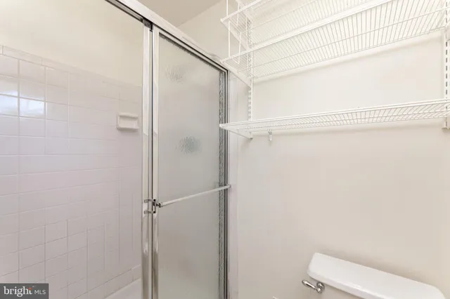 a bathroom with a shower and a toilet