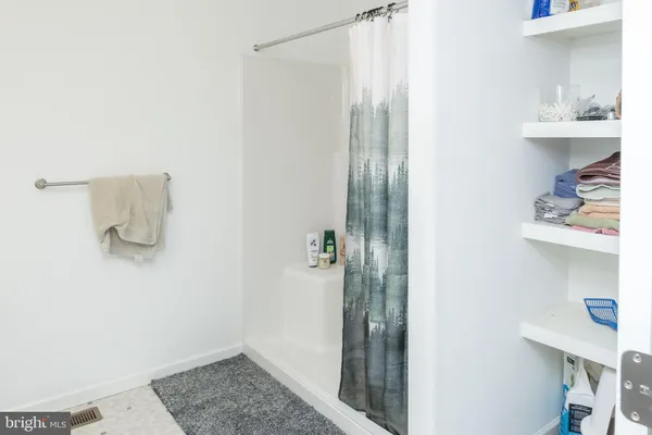 a bathroom with a shower and a sink