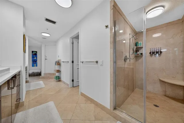 a bathroom with a granite countertop sink mirror and shower