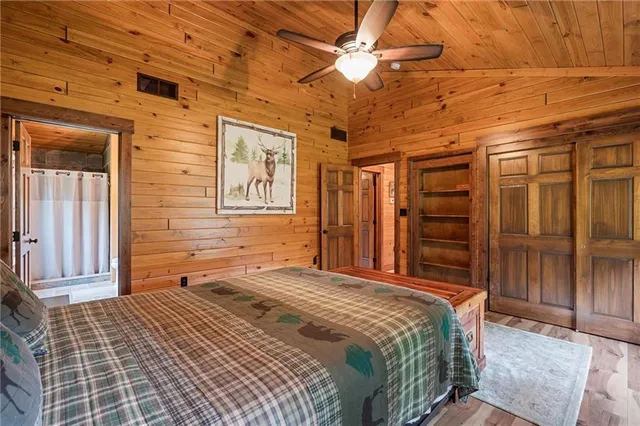 a bedroom with a bed and a closet