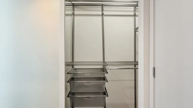 a view of a room with racks on the wall