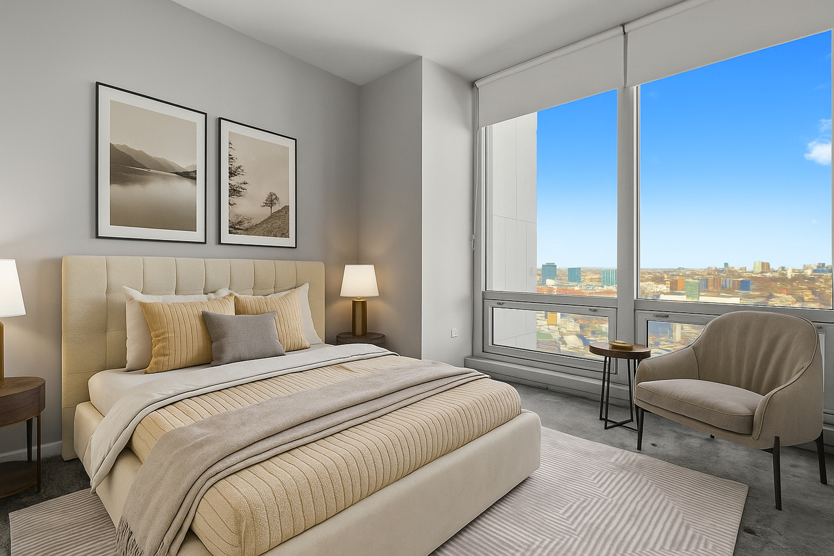 500 West Superior Street, Unit 2002 Chicago, IL 60654 - Photo 9 of 27 a bedroom with a bed and glass window