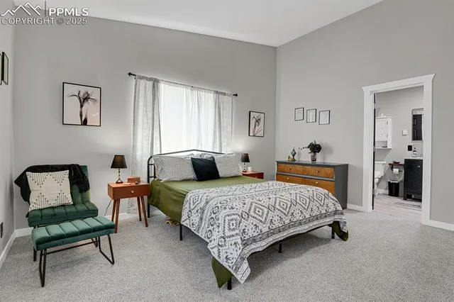 a bedroom with a bed and a couch