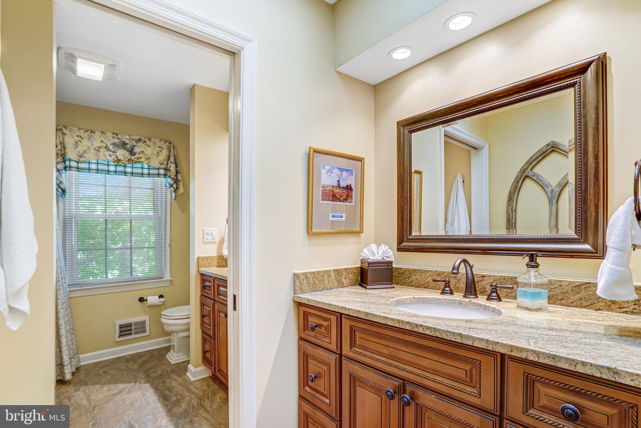 6815 Bluecurl Circle Springfield, VA 22152 - Photo 30 of 49 a en suite bathroom with a granite countertop sink mirror and a