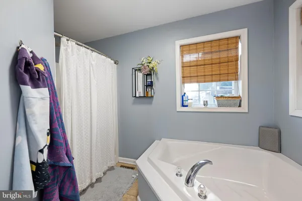 a bathroom with a tub and a window