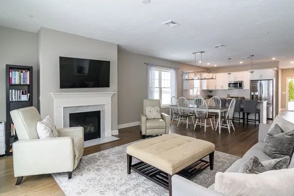 a living room with furniture a flat screen tv and a fireplace