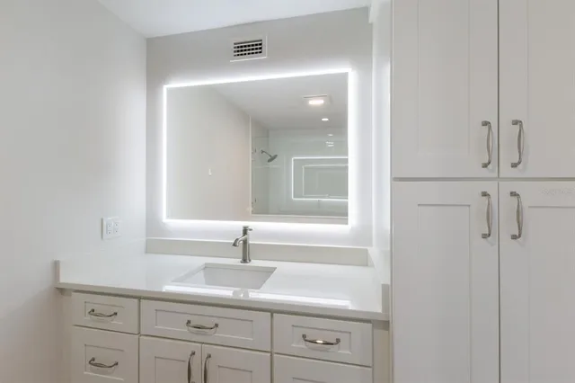 a bathroom with a sink and a mirror