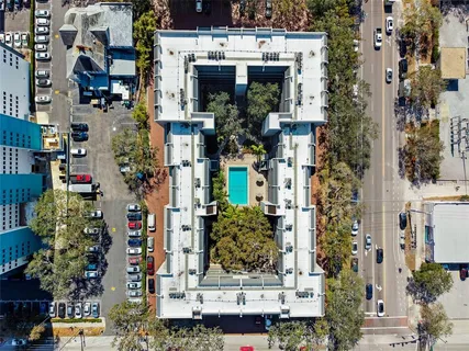 a city view with tall buildings