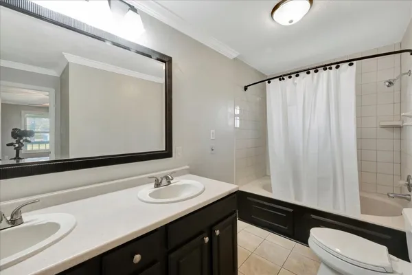 a bathroom with a sink a toilet a mirror and shower curtain