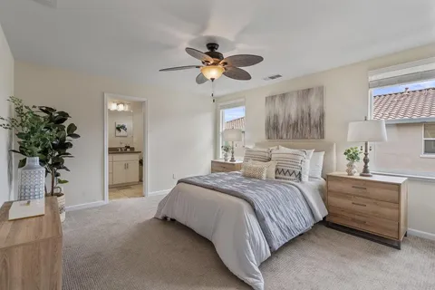 a bedroom with a bed a window and potted plant