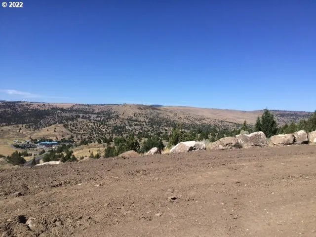 a view of a dry yard with wooden fence