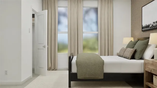 a bedroom with a bed and a mirror