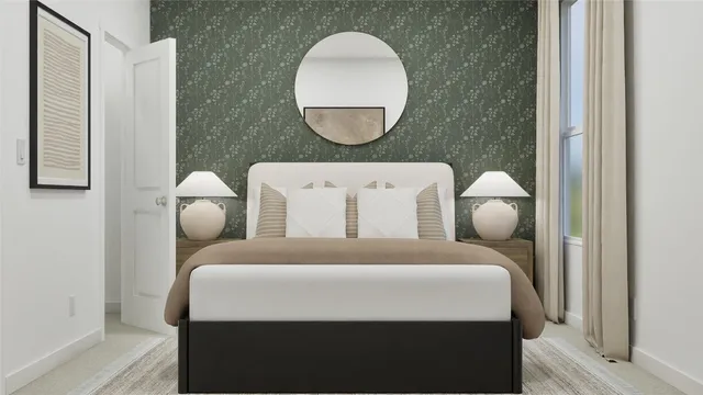 a bedroom with a bed and a mirror