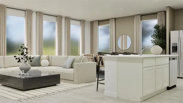 a living room with furniture and a large mirror