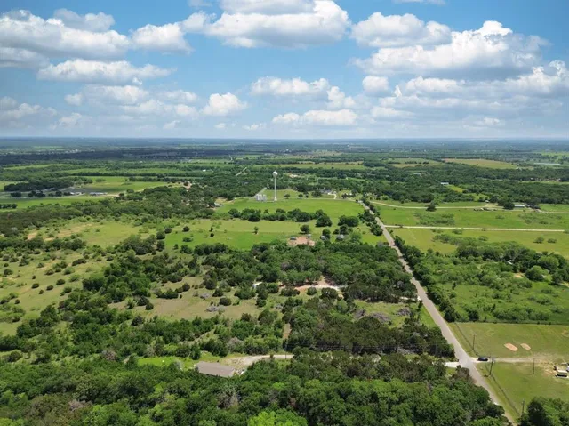 a view of a city with lush green forest