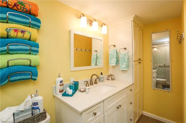 a bathroom with a sink and a mirror